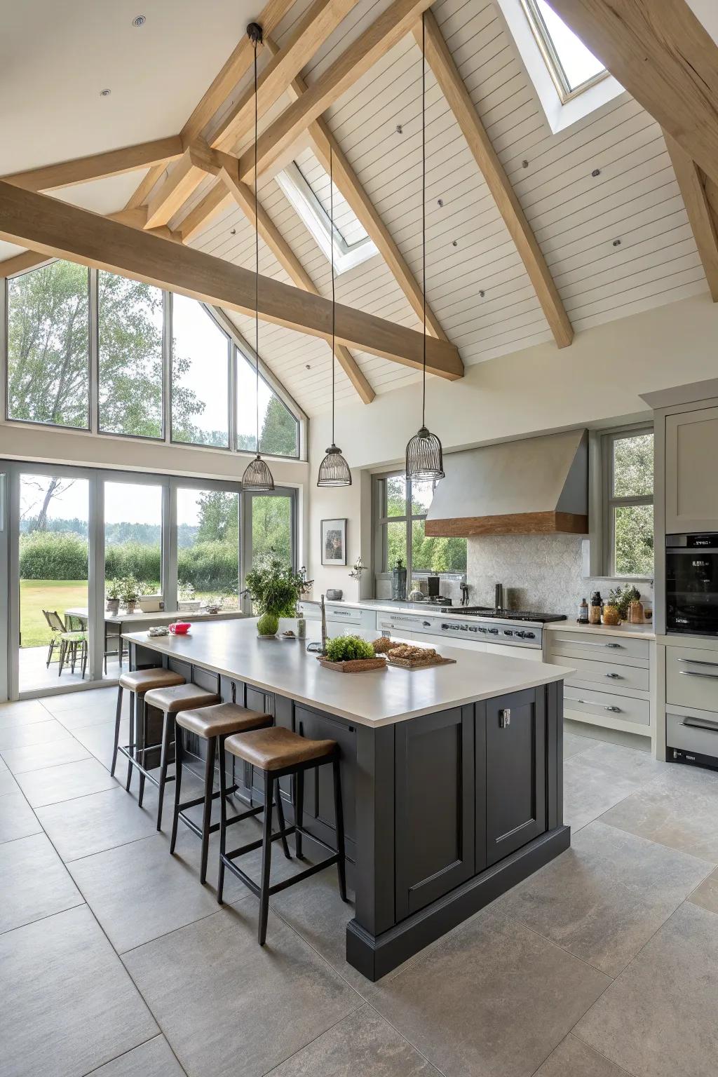 The central island is the focal point of this vaulted ceiling kitchen.