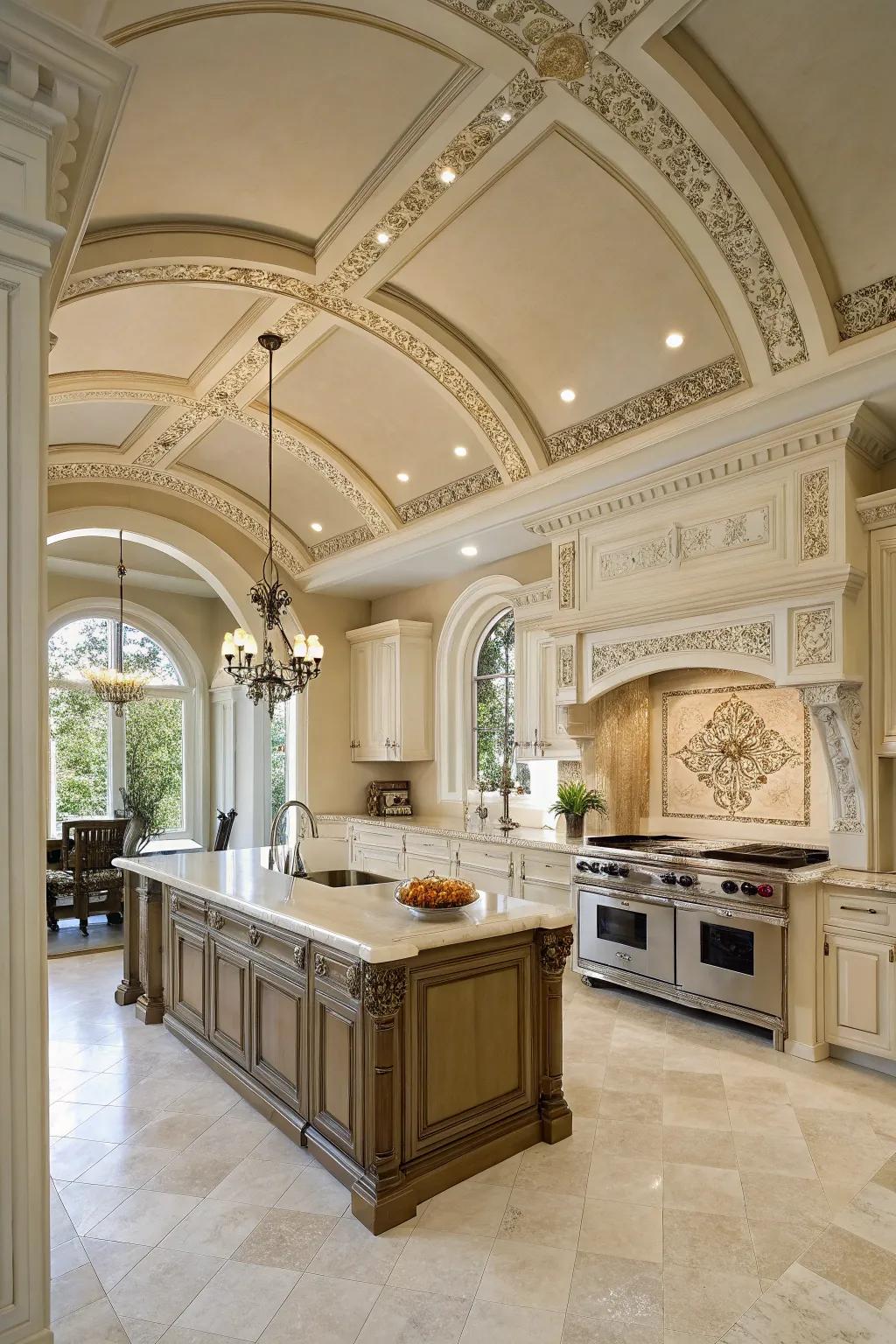 Decorative elements enhance the elegance of the kitchen's high ceilings.