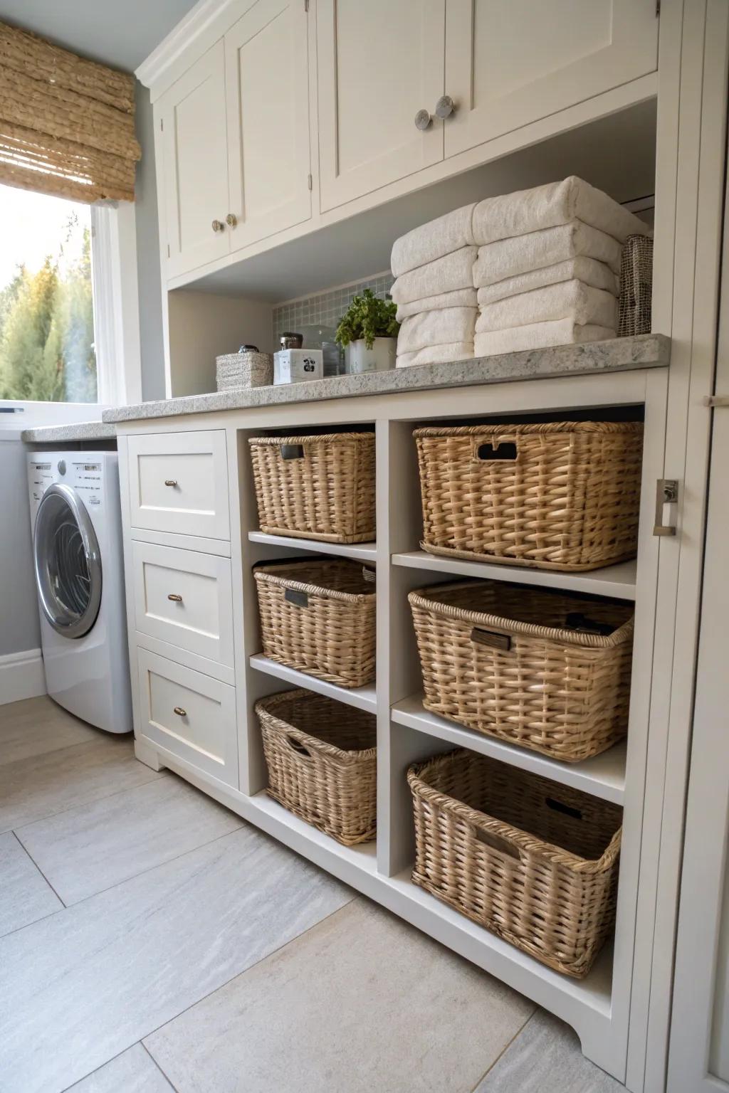 Open base cabinets provide practical hamper storage solutions.