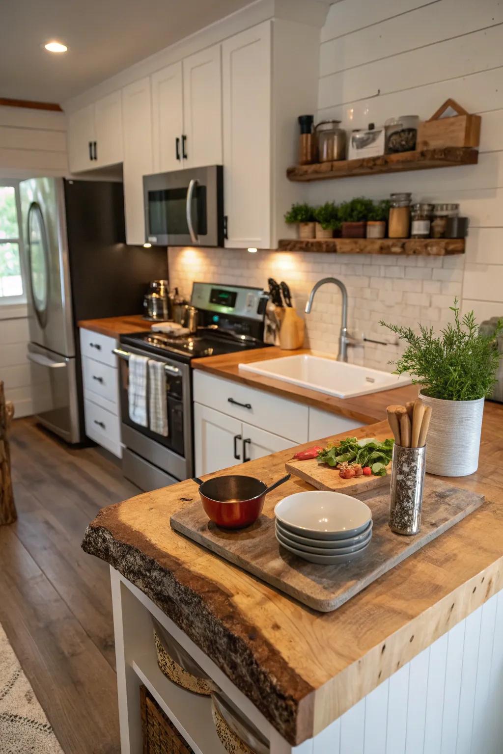 Balancing beauty with functionality in a kitchen with a live edge countertop.