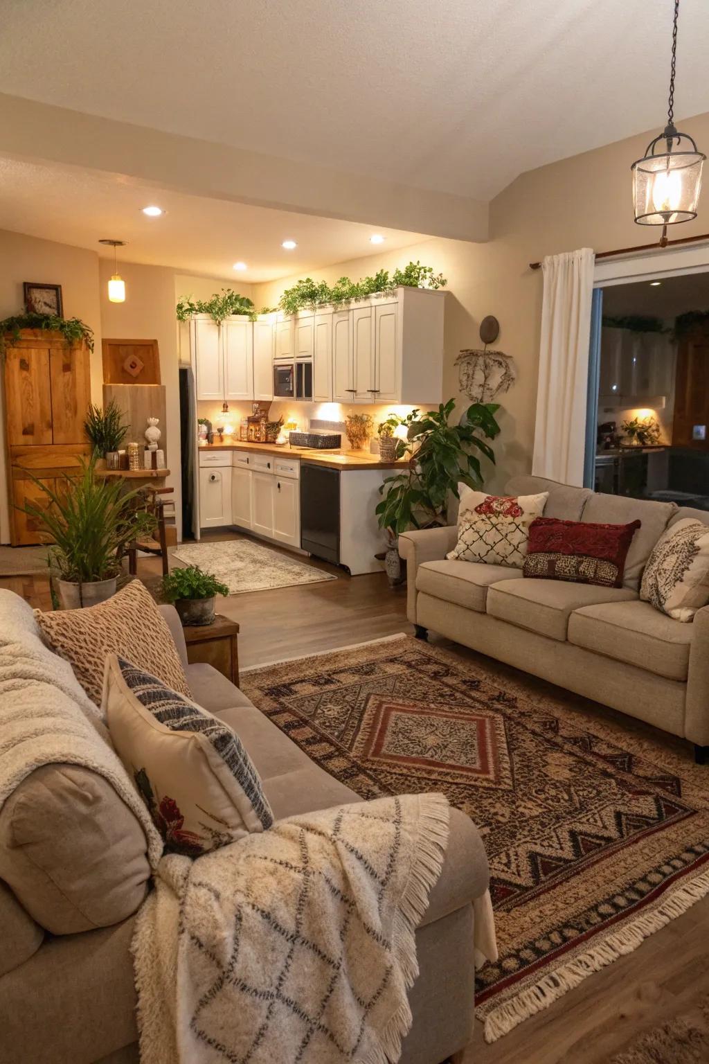Comforting touches like rugs and cushions fashion a warm atmosphere.