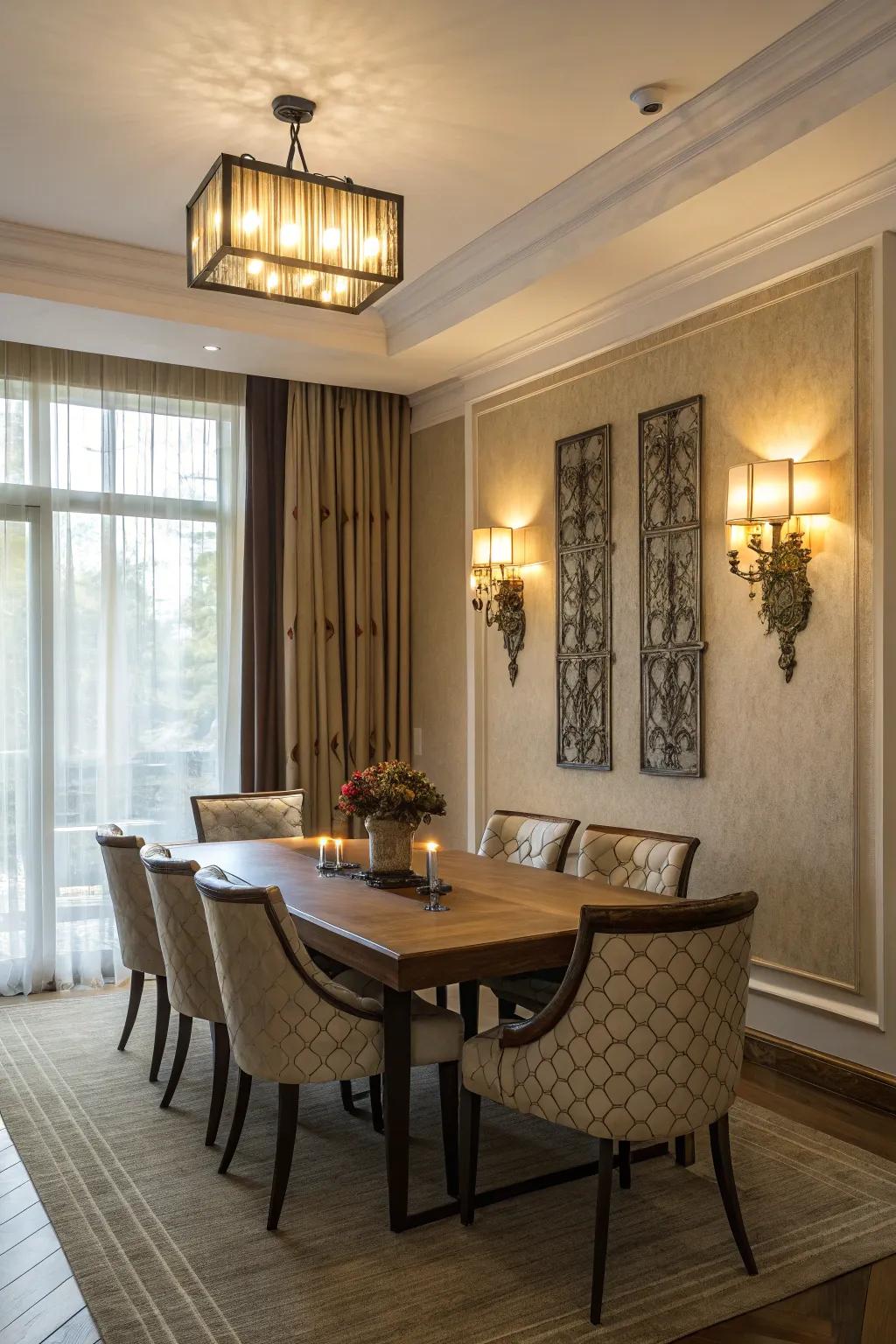 Decorative wall sconces enhancing a dining room.