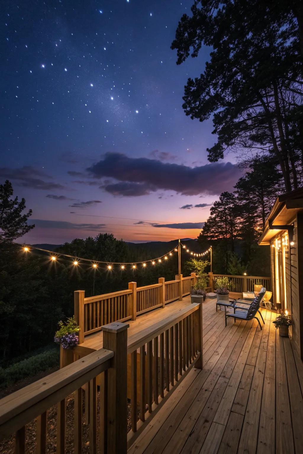 A raised deck illuminated with ambient outdoor lighting at dusk.