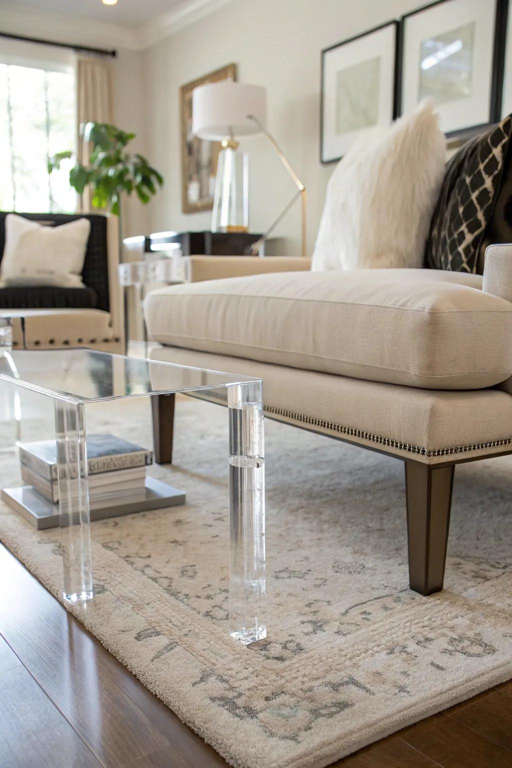 Poly-methylmethacrylate legs give furniture a floating appearance.
