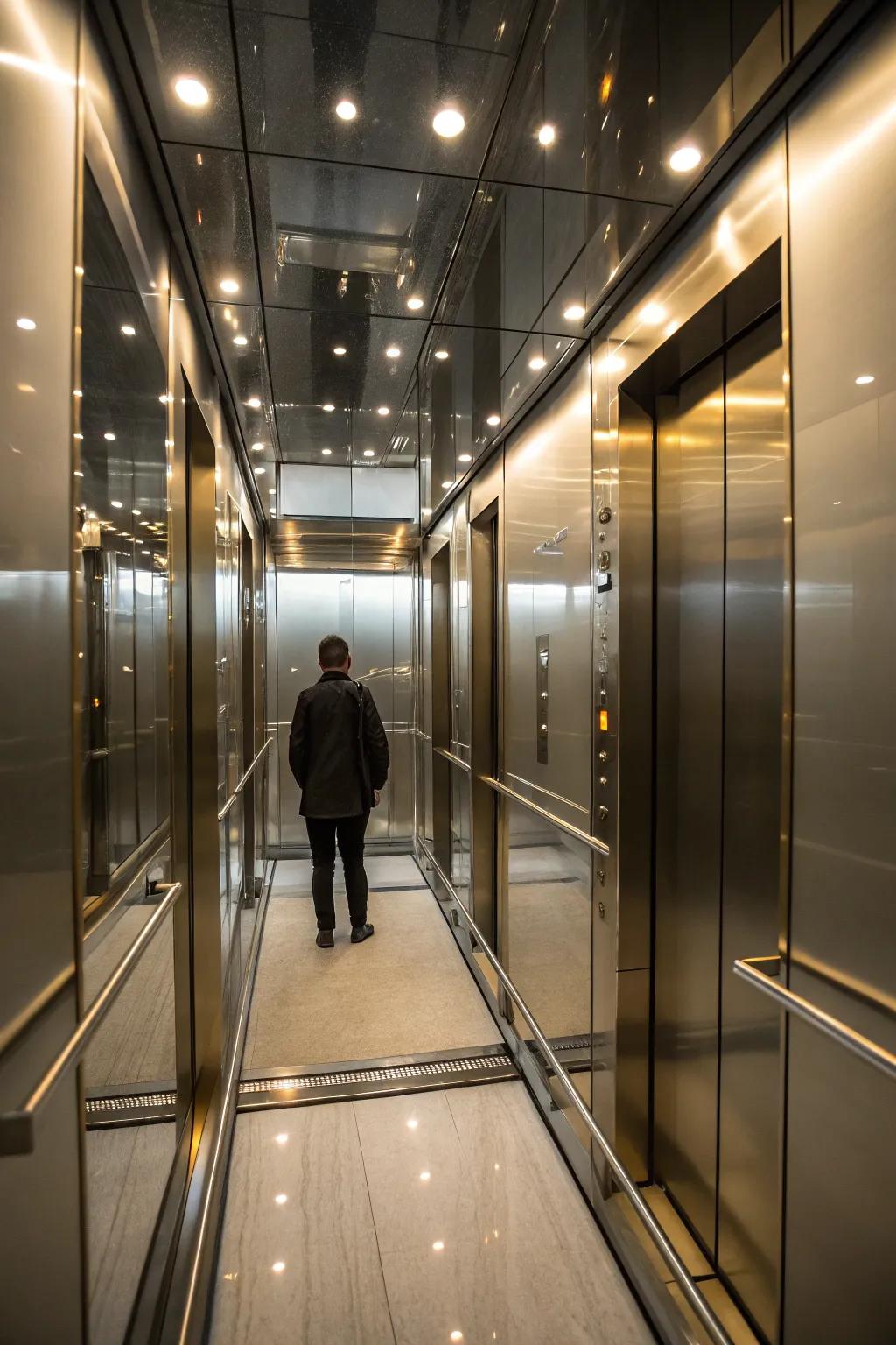 Mirrors enhance the feeling of space and luxury within the elevator.