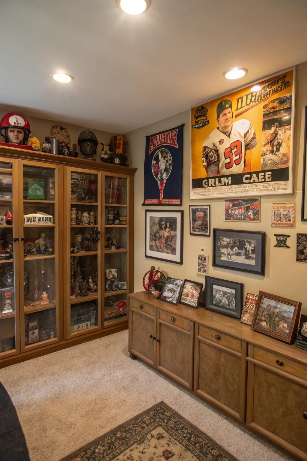 Art and collectibles display demonstrating personal interests.
