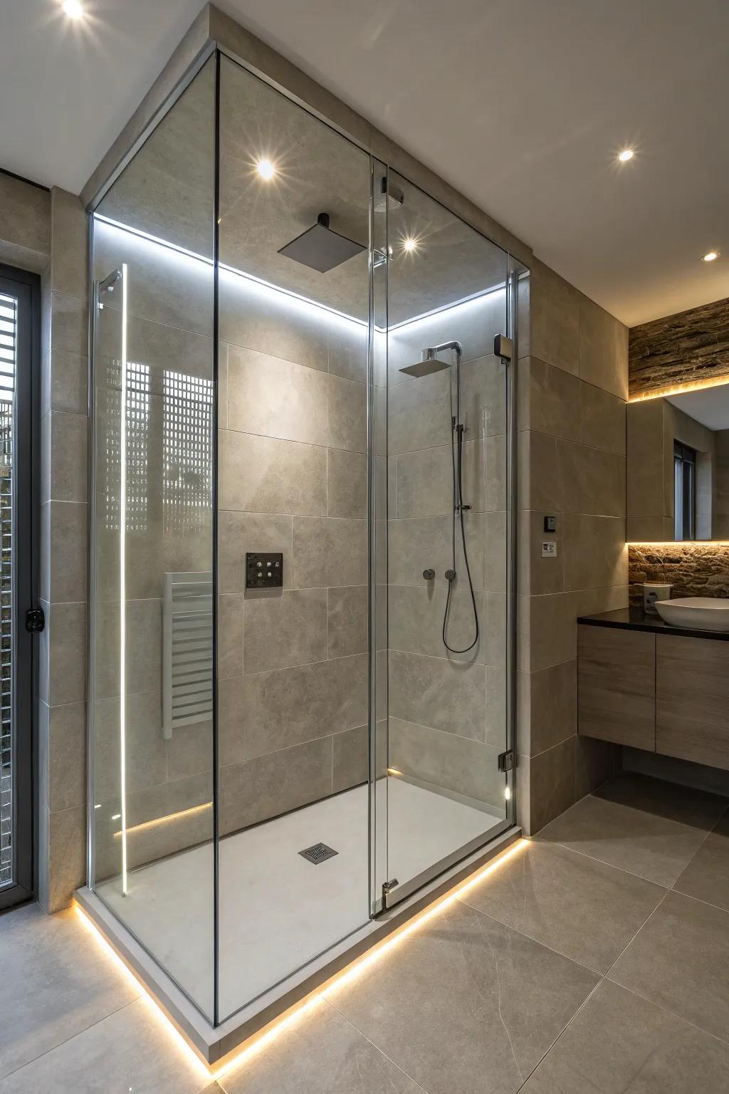 A walk-in shower with strategically placed integrated lighting.