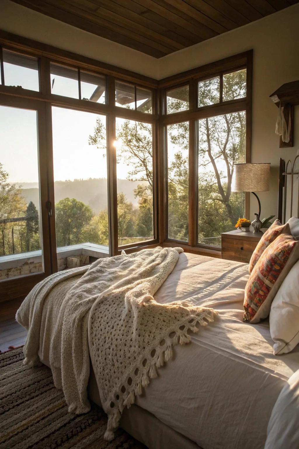 A sleeping area boasting wide windows that permit an abundance of sunshine.