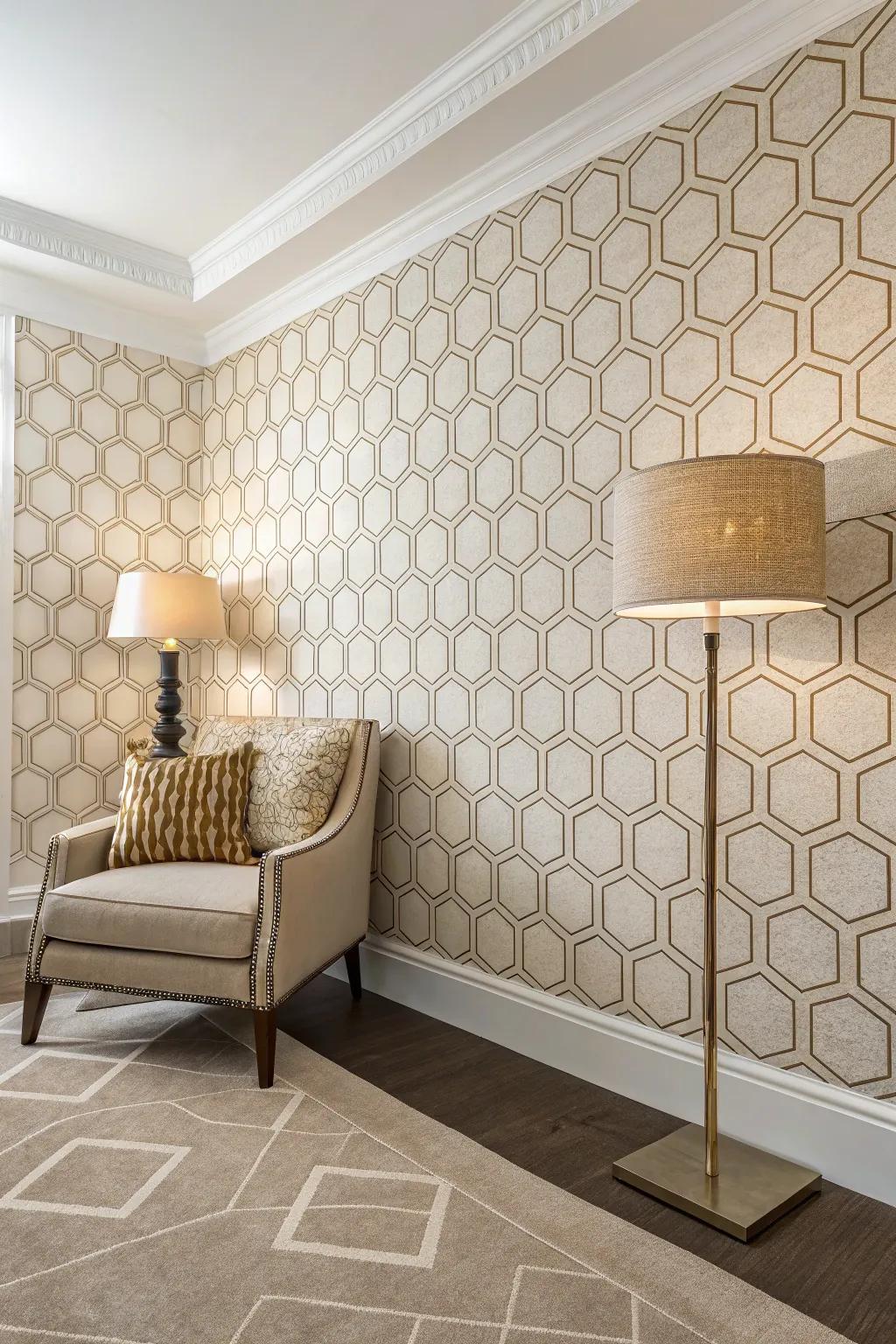 Contemporary setting with honeycomb pattern mid-century wallpaper.