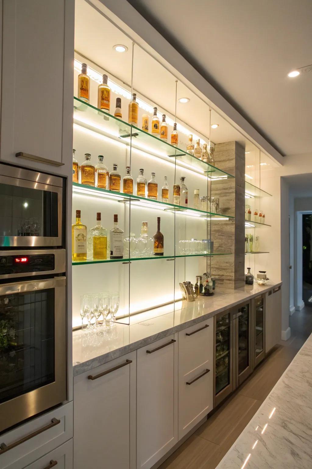 Illuminated glass shelves casting a spotlight on mini liquor bottles.