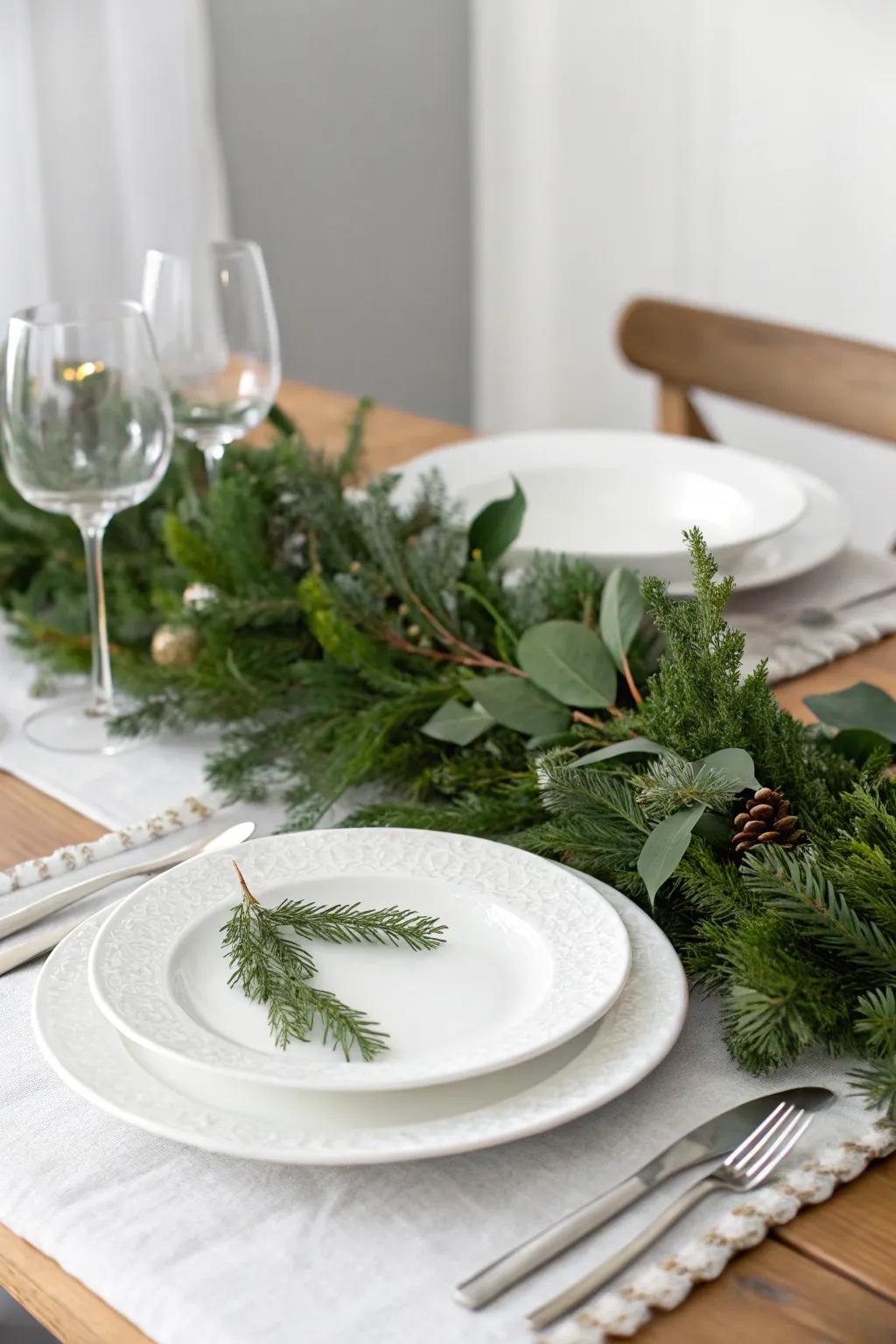 An elegant table setting with a simple centerpiece and neutral tableware.