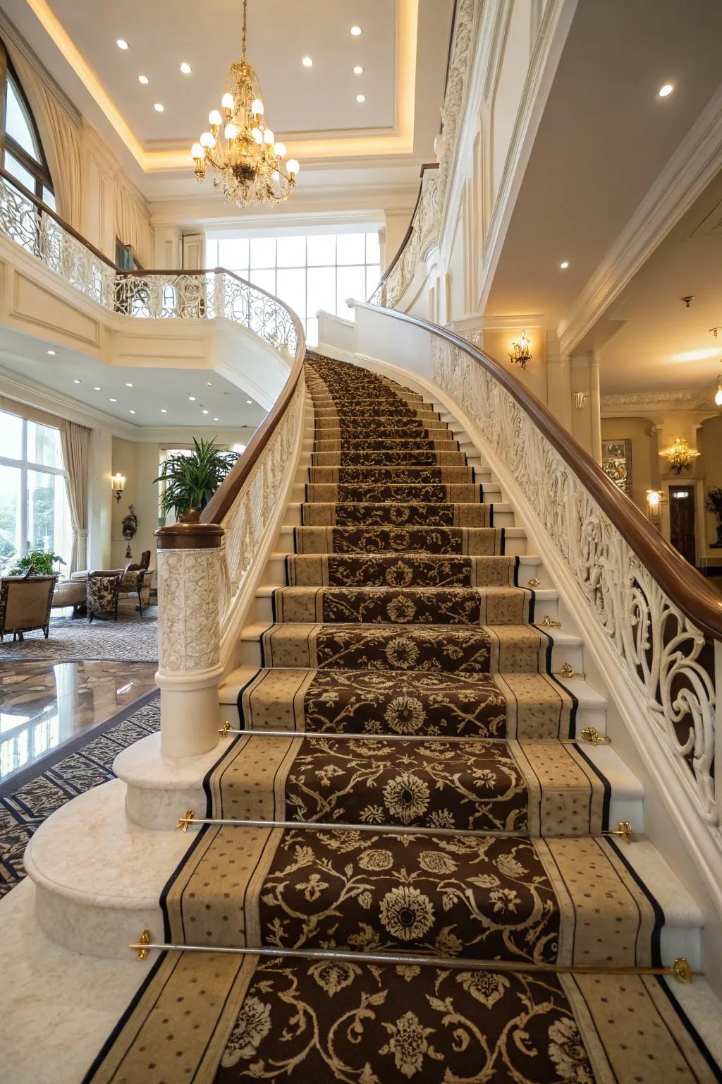 Elegant staircase featuring a stylish patterned carpet runner