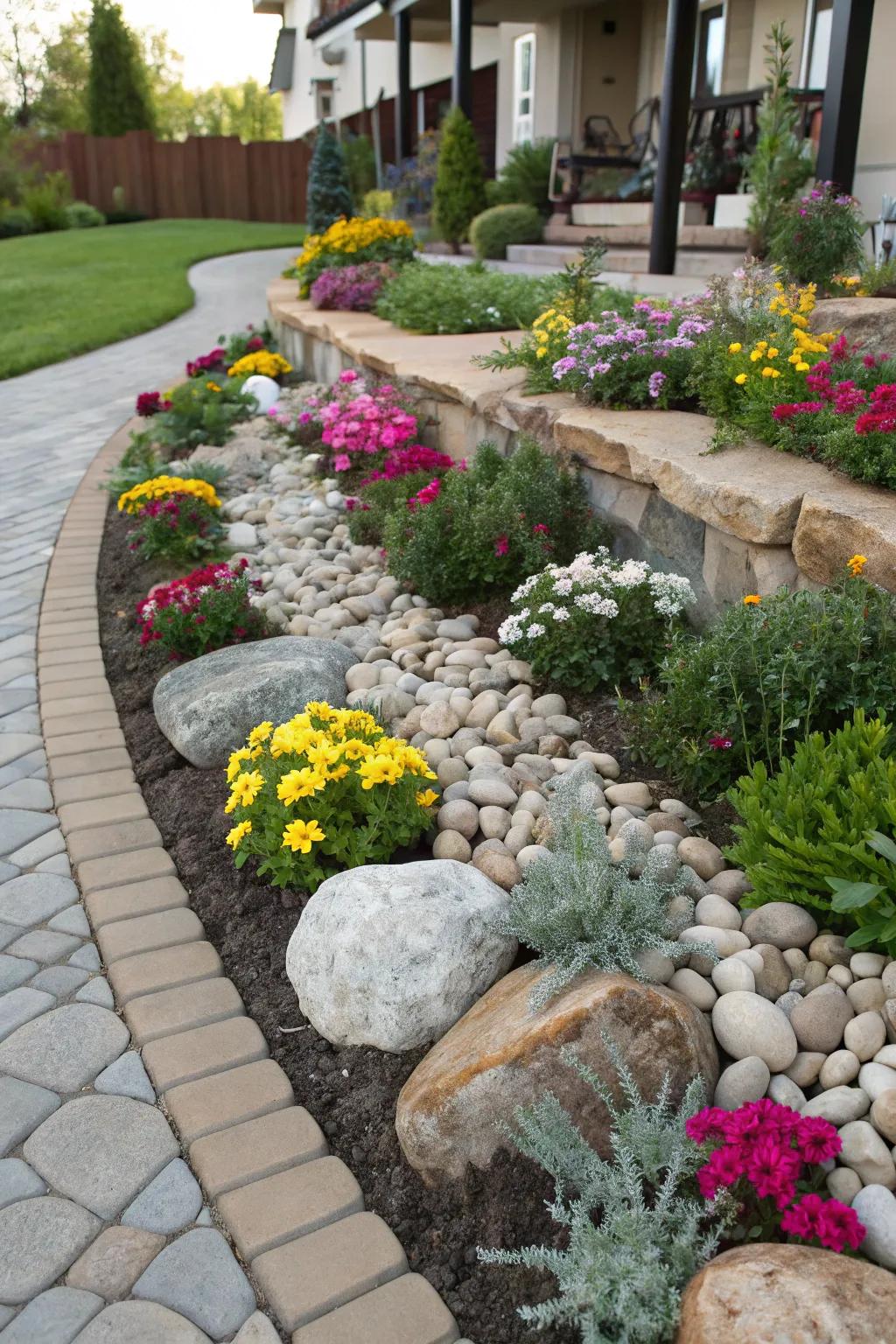 Natural stones add texture and interest to flower beds.