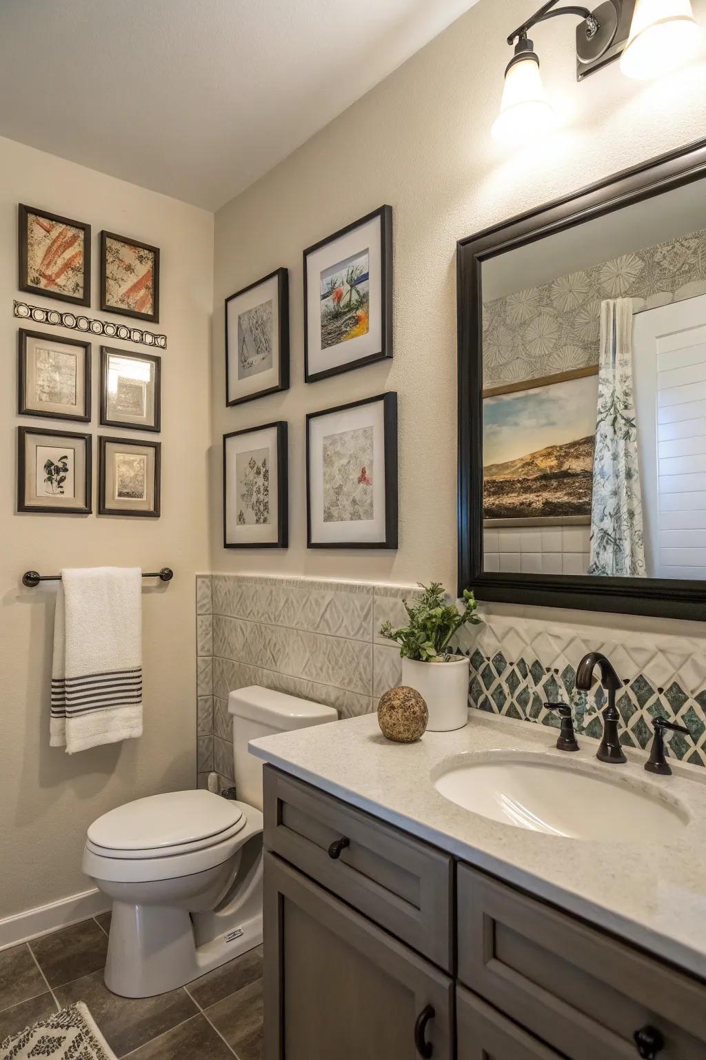 A bathroom featuring framed artwork and decorative prints for a sophisticated touch.