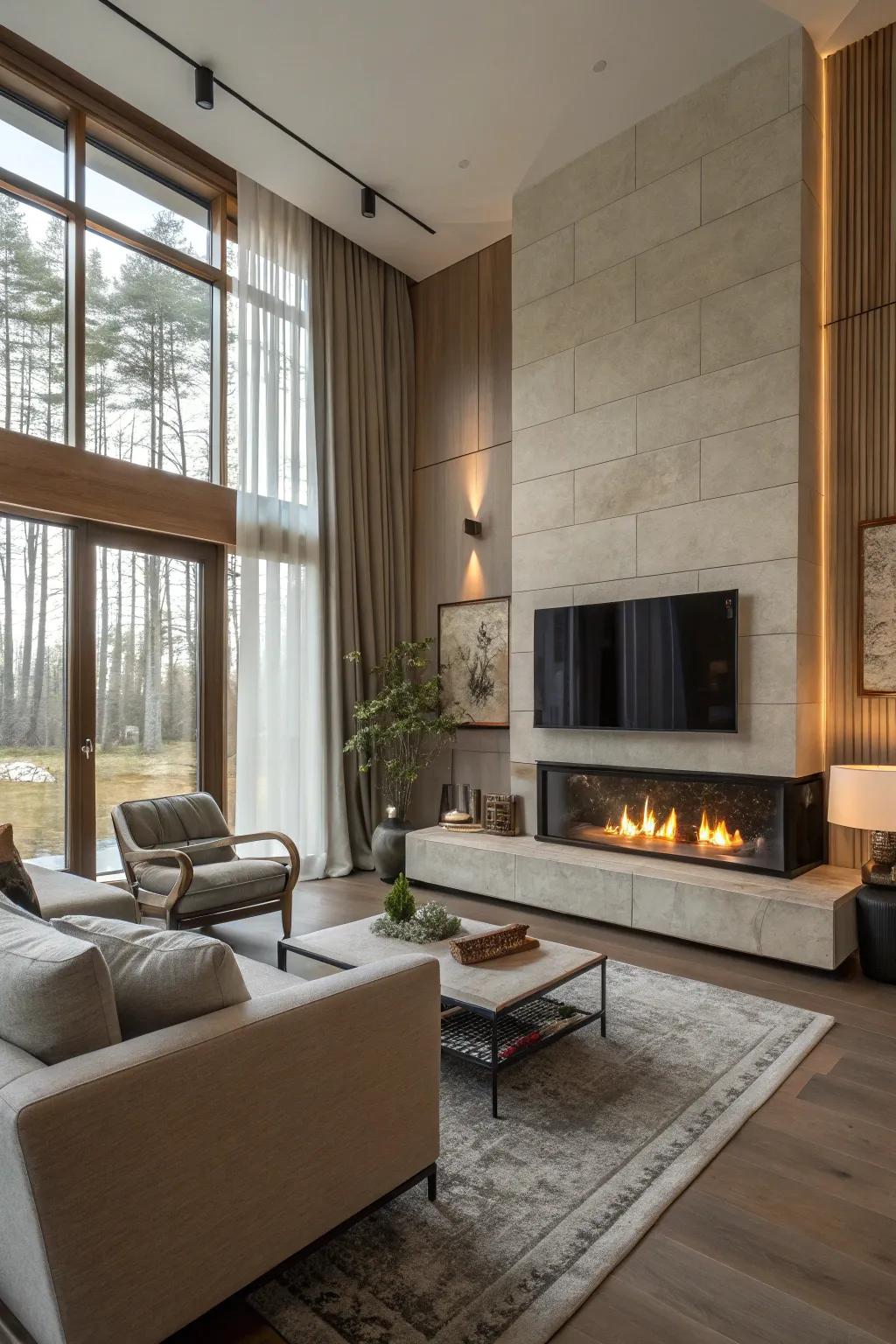 A modern fireplace that acts as a stylish focal point in the living space.