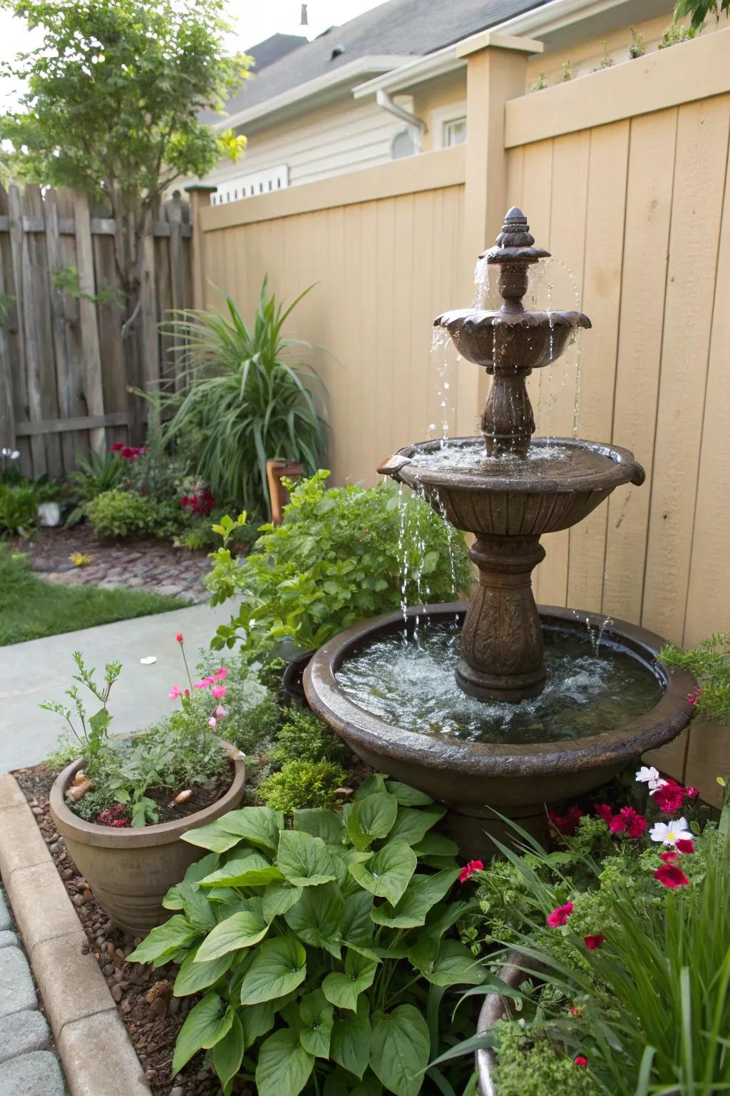 A modest water feature enriches the backyard’s tranquility.