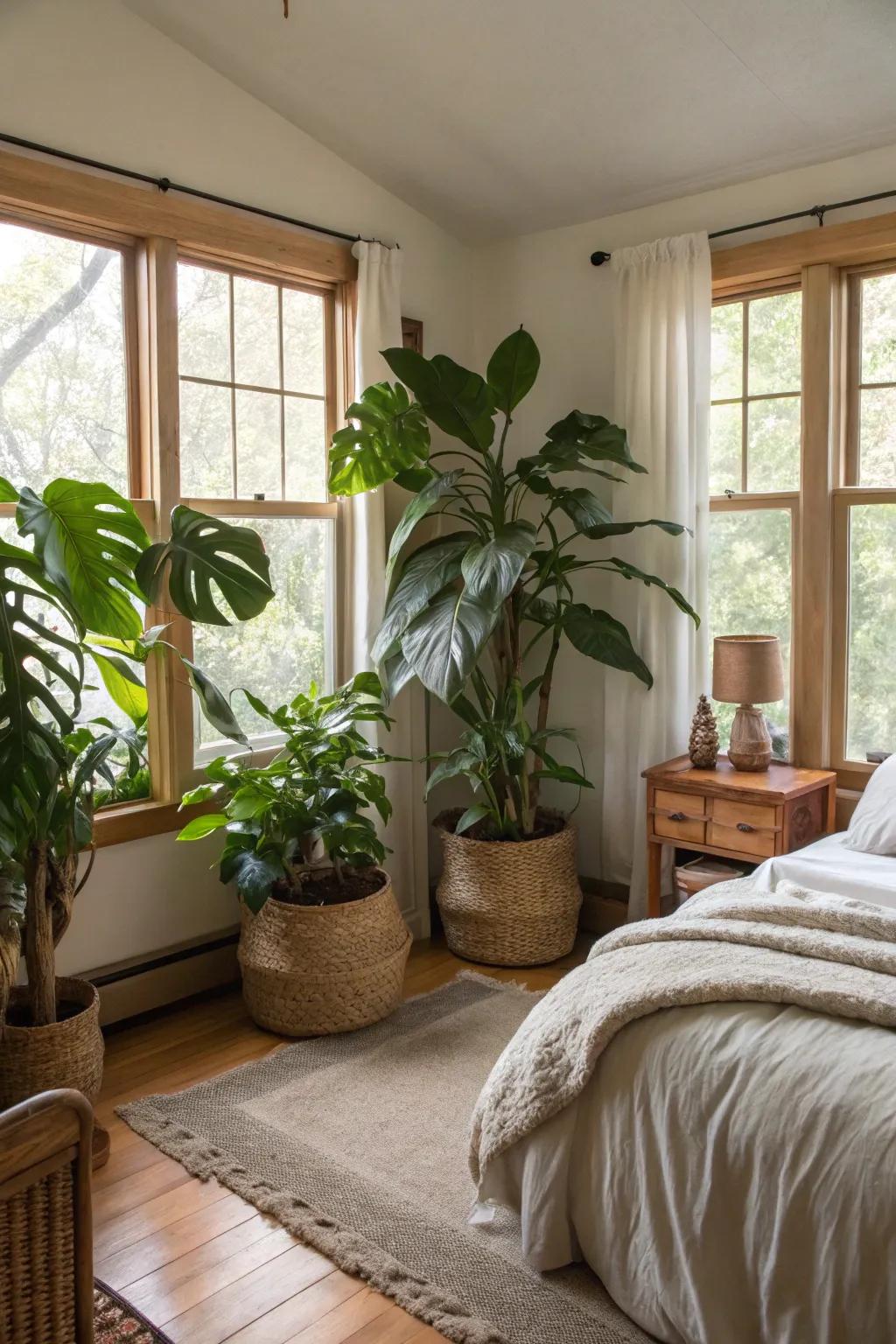 Large potted plants introduce nature and vibrancy to a modern Spanish bedroom.