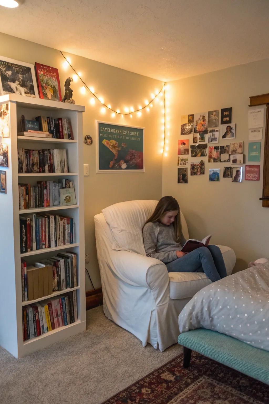 A reading corner offers a peaceful escape within the bedroom.