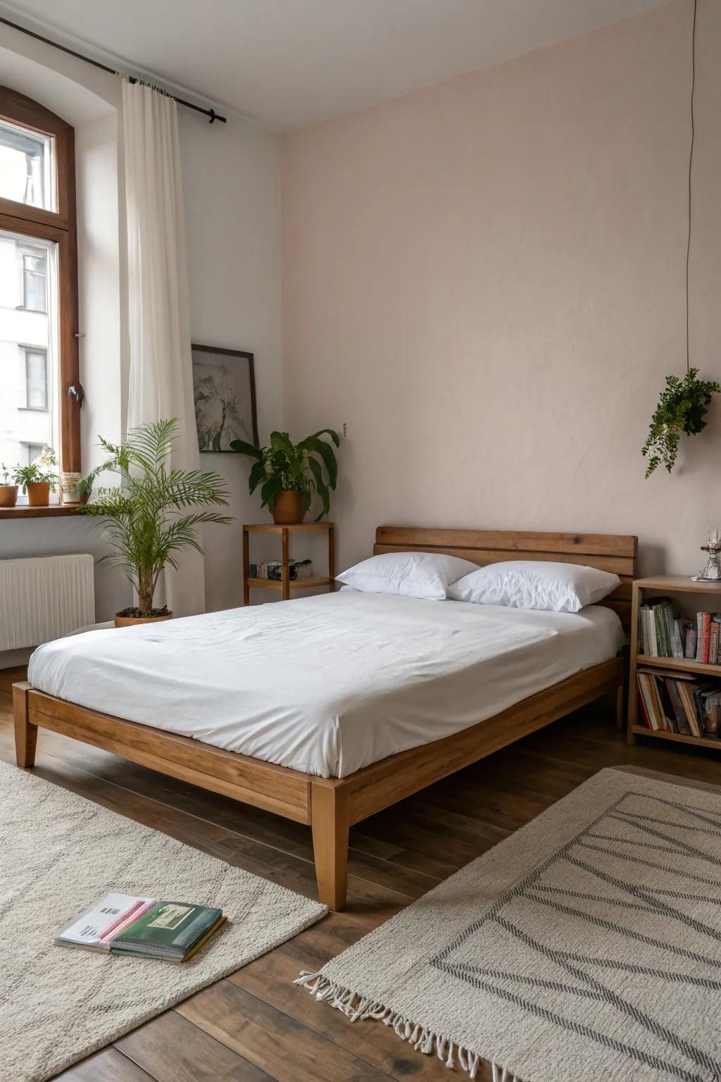 A bedroom with minimalist furniture and simple decor.