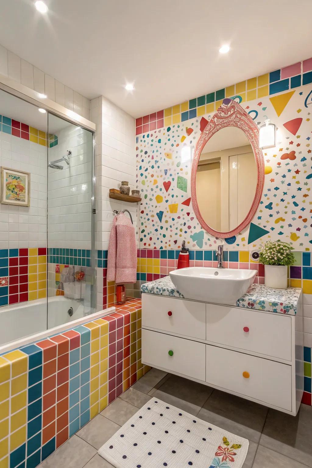 A fun and vibrant bathroom with whimsical mosaic tile patterns.