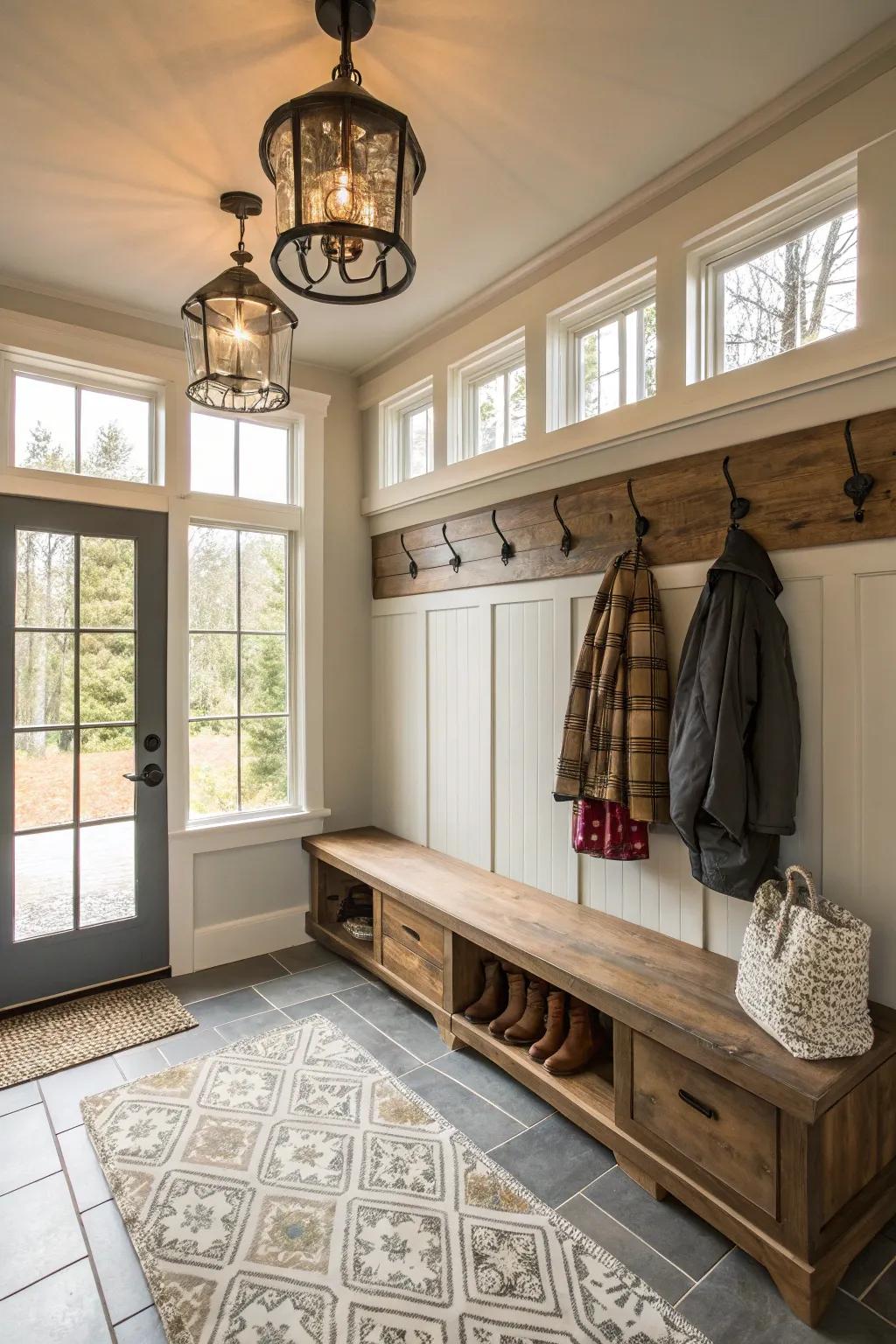 A mudroom illuminated with natural light and stylish fixtures for a welcoming ambiance.