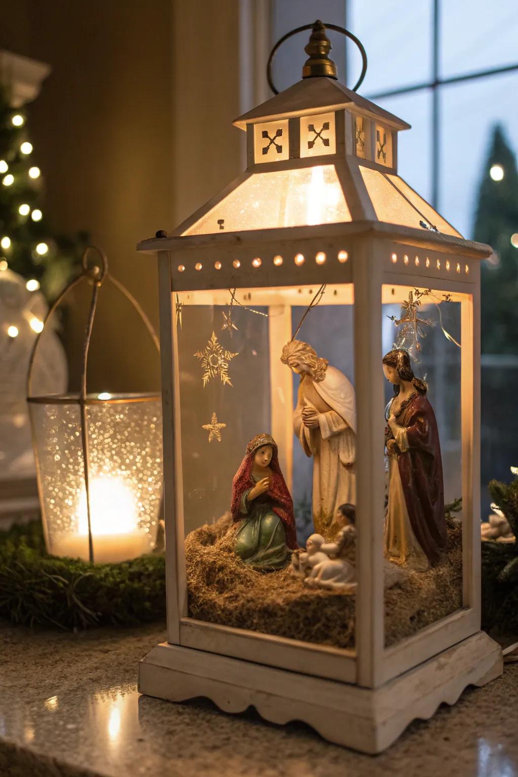 A cozy nativity scene inside a decorative lantern.