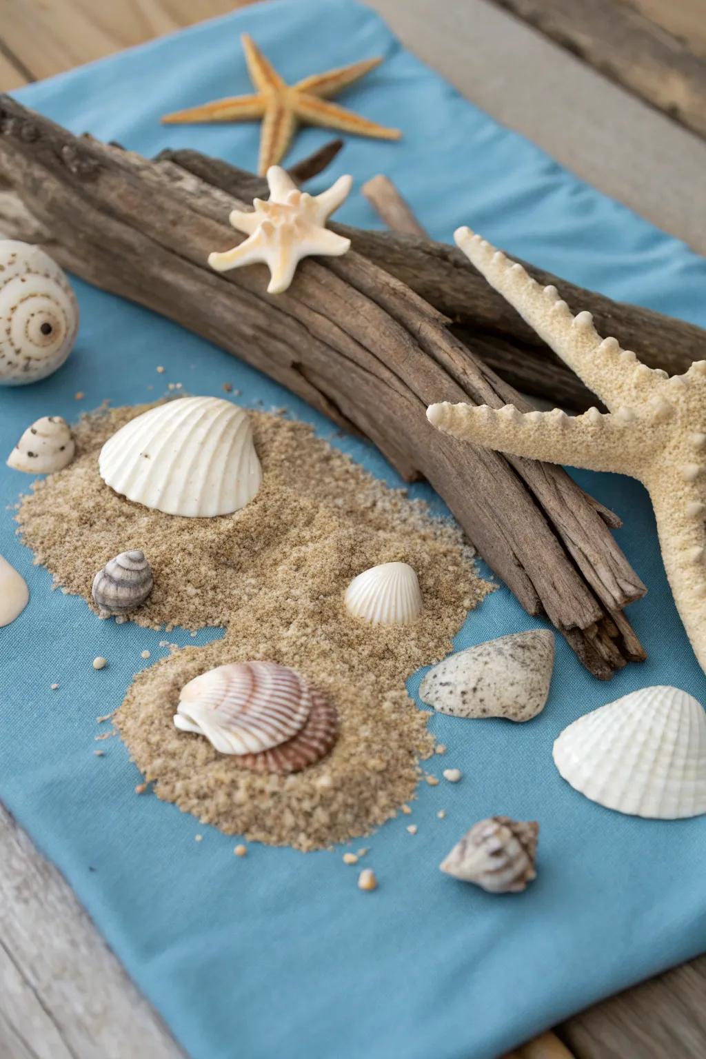 A beach-inspired collage using shells and driftwood.