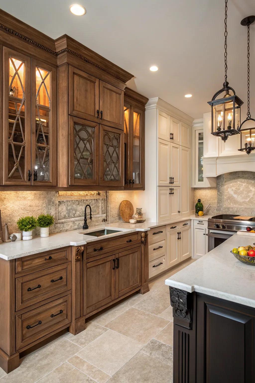 A kitchen with a harmonious mix of cabinet styles.