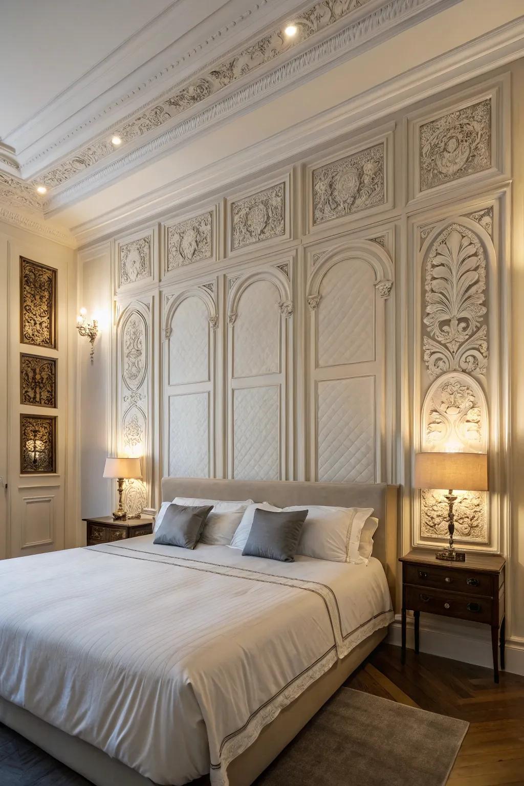 Architectural panels add depth and character to the bedroom wall.