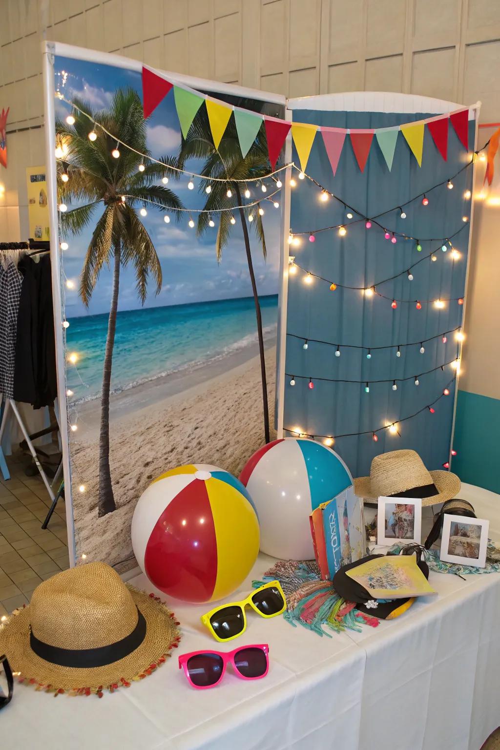 A fun and playful photo booth setup perfect for capturing seaside memories.