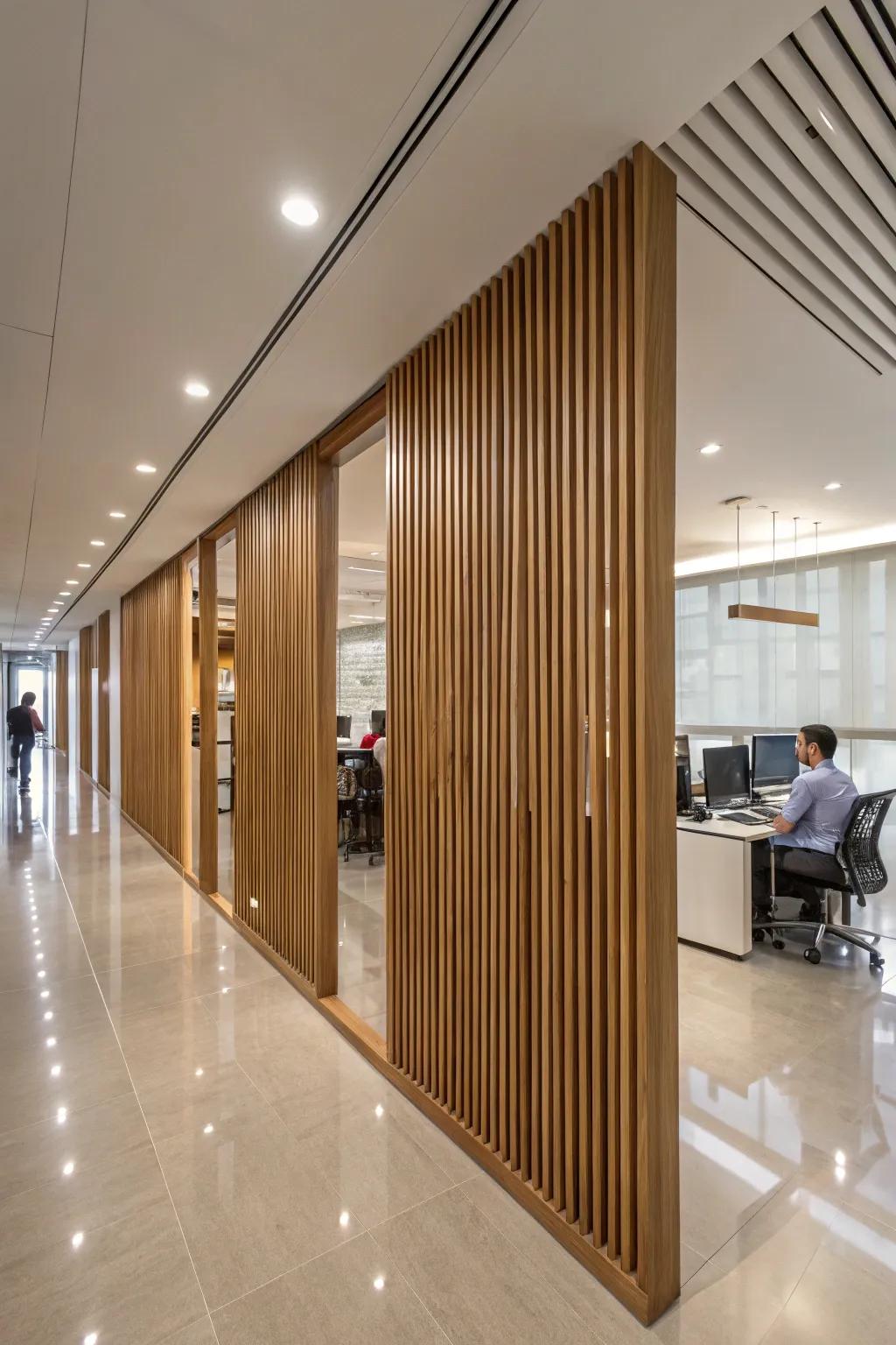 Wooden slats provide a modern, natural touch to office partitions.