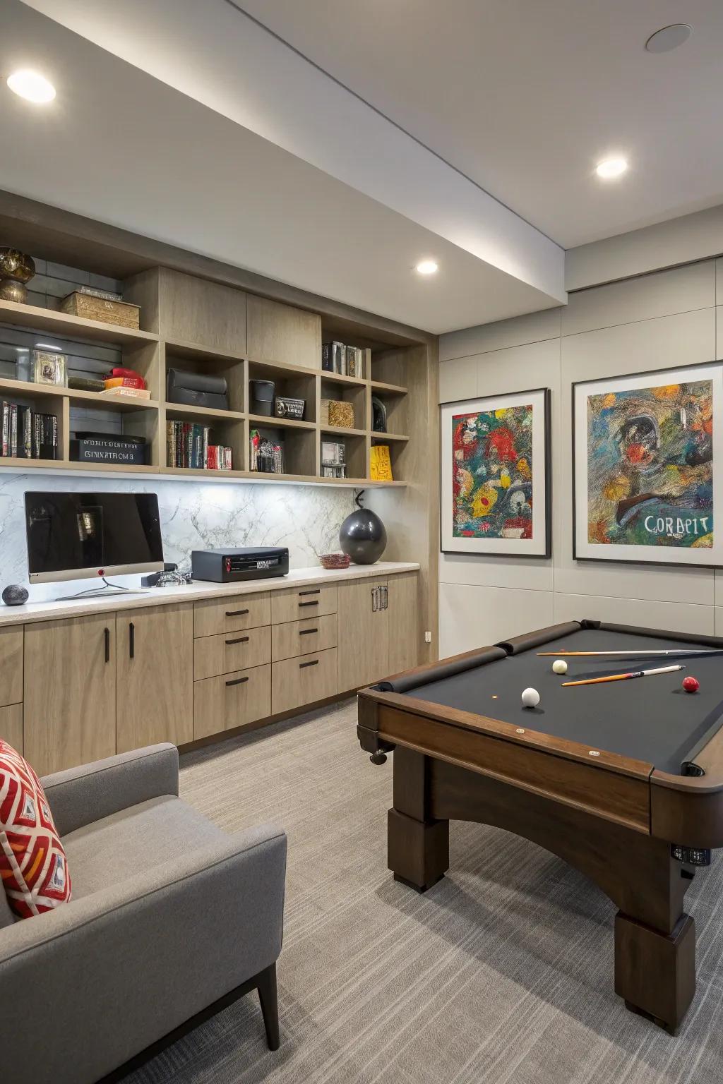 Efficient use of space in a stylish office game room setup.