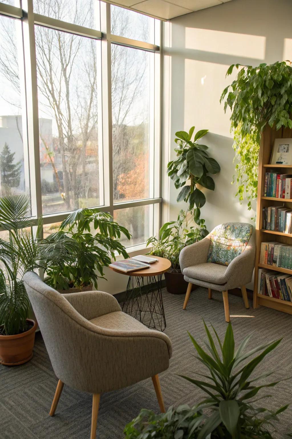 Interior flora introduce a touch of nature and tranquility to this reading area.