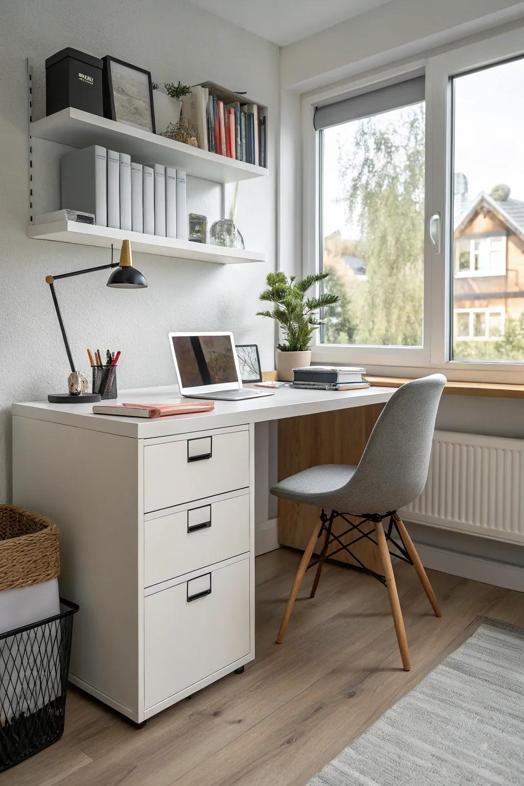 A sleek filing cabinet provides efficient document storage.