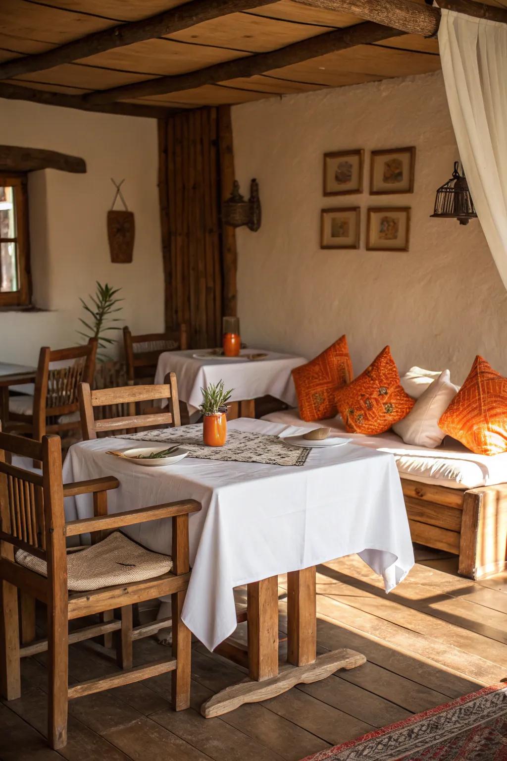Rustic charm meets modern color with orange accents and wood accents.