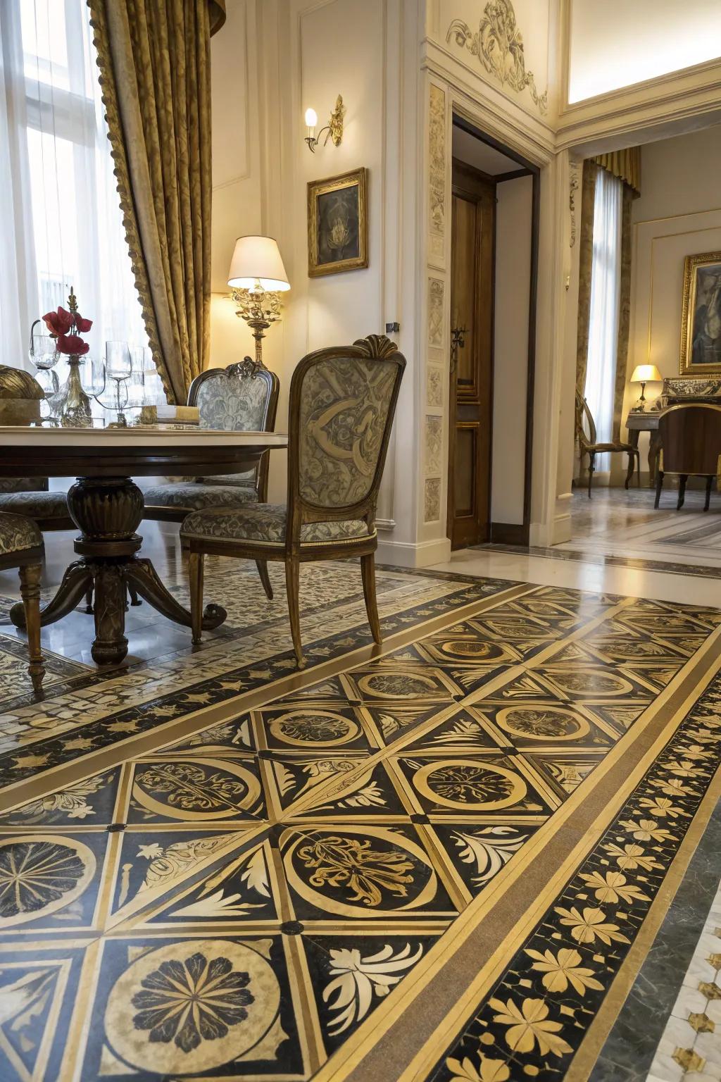 A dining area adorned with Art Deco-inspired painted floors, radiating vintage elegance.