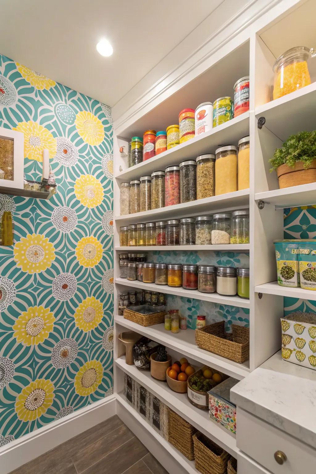 Colorful wallpaper in a pantry adds a personal touch and enhances visual appeal.