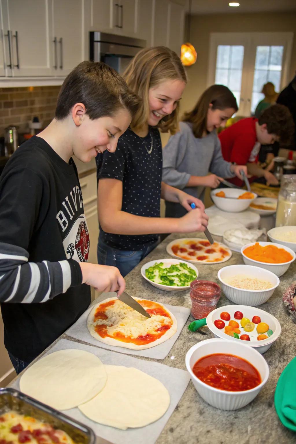 Teens crafting their own delicious pizzas with various toppings.