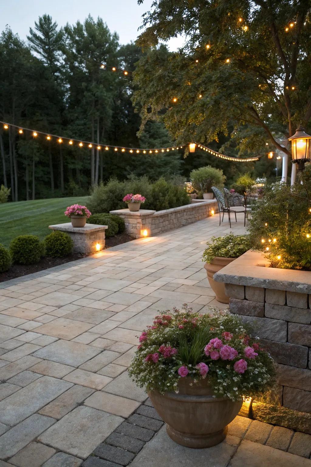 A paver patio enhanced with decorative lighting and vibrant plant arrangements.