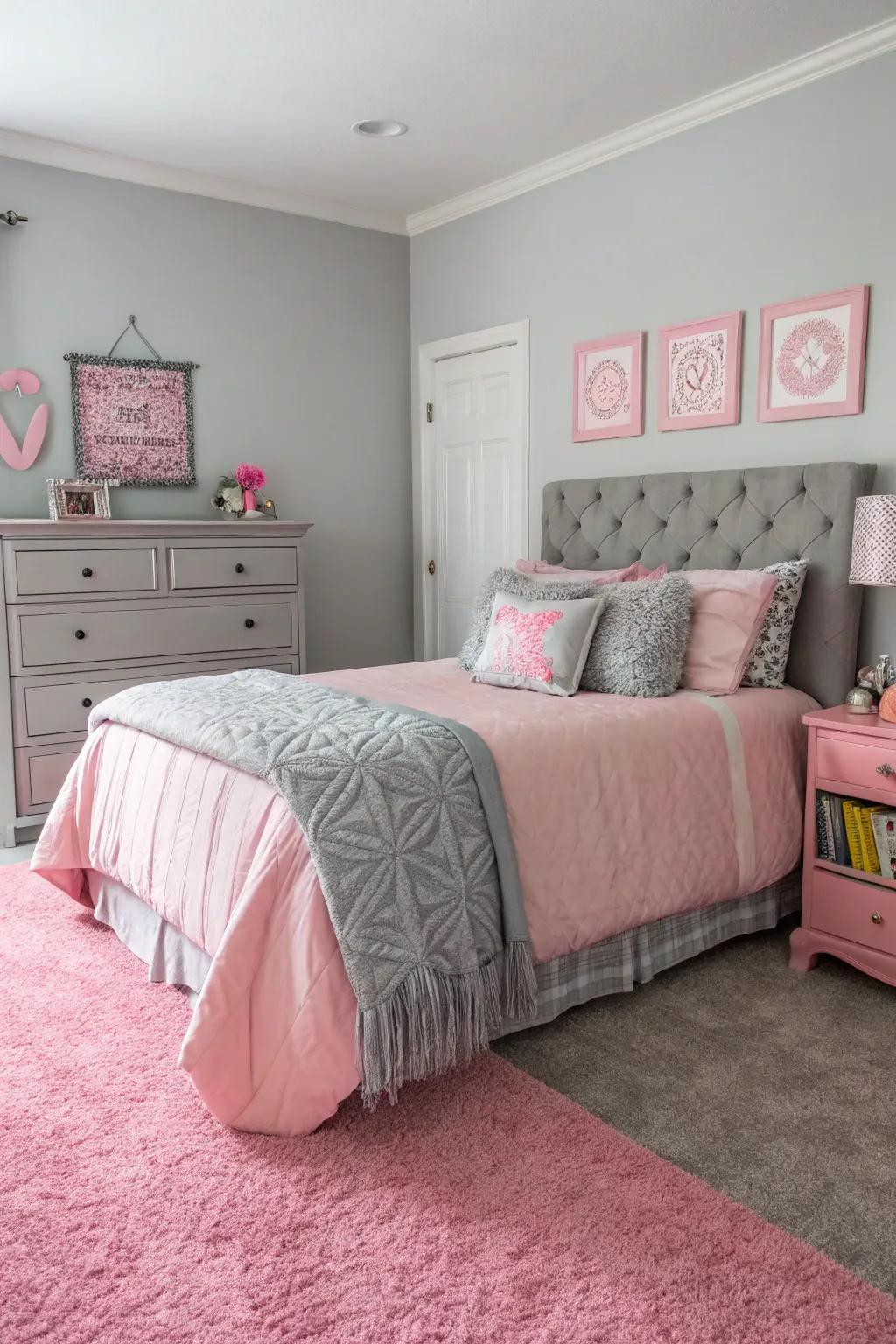 A harmonious pink and gray color scheme creates a modern bedroom oasis.