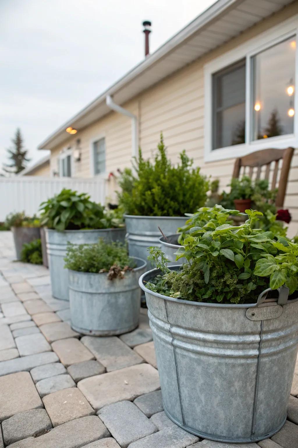 Realize industrial elegance with metal pail planters.
