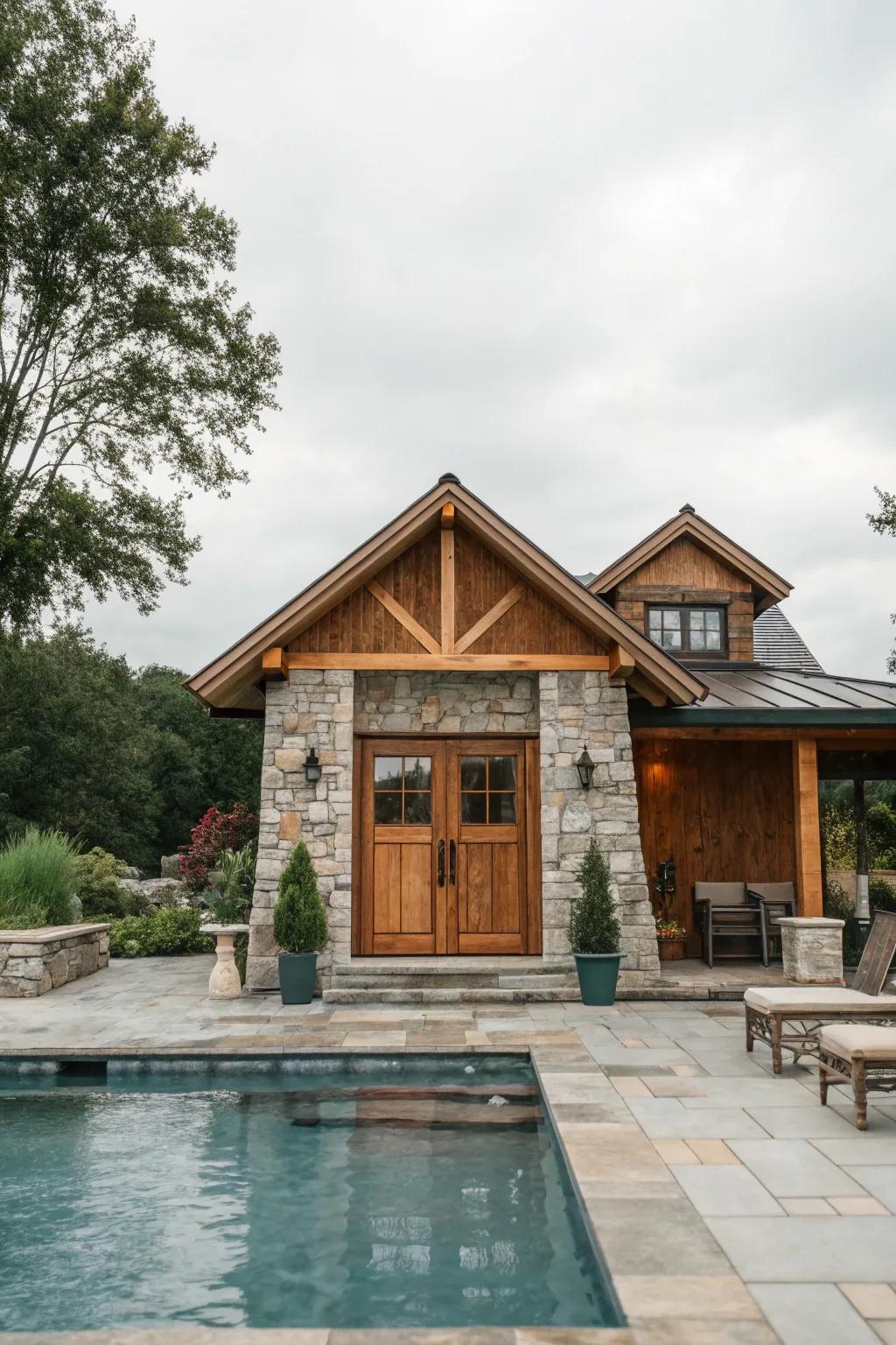 A country yet stylish exterior plan utilizing timber and rock.