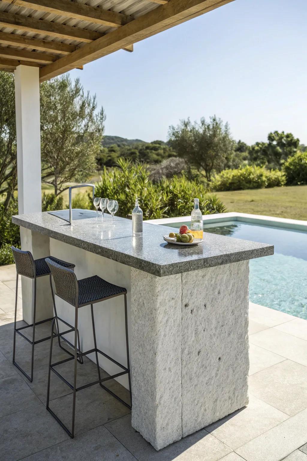 A stone bar adds a touch of elegance to your poolside.