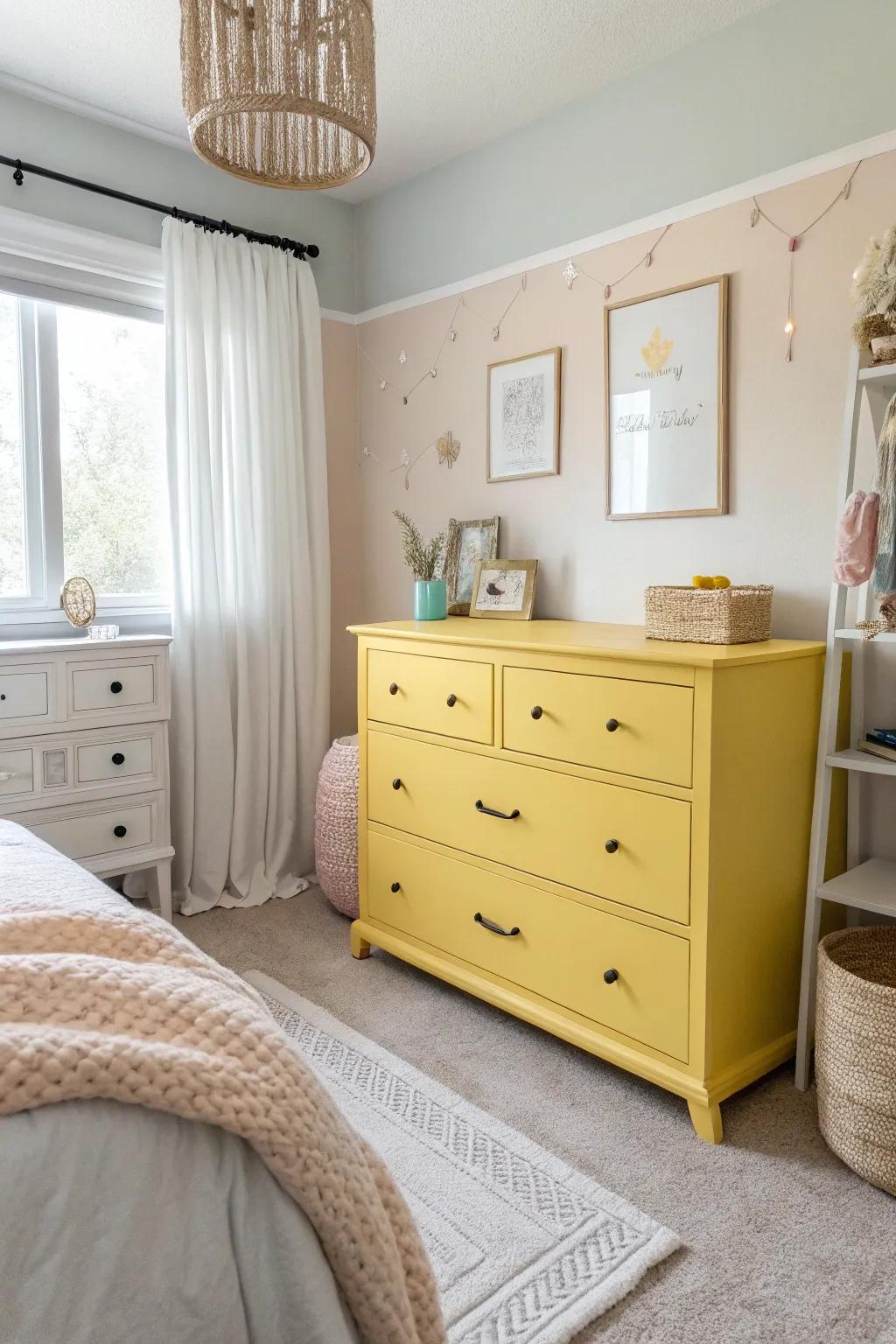 A yellow dresser adds a cheerful and bright touch.