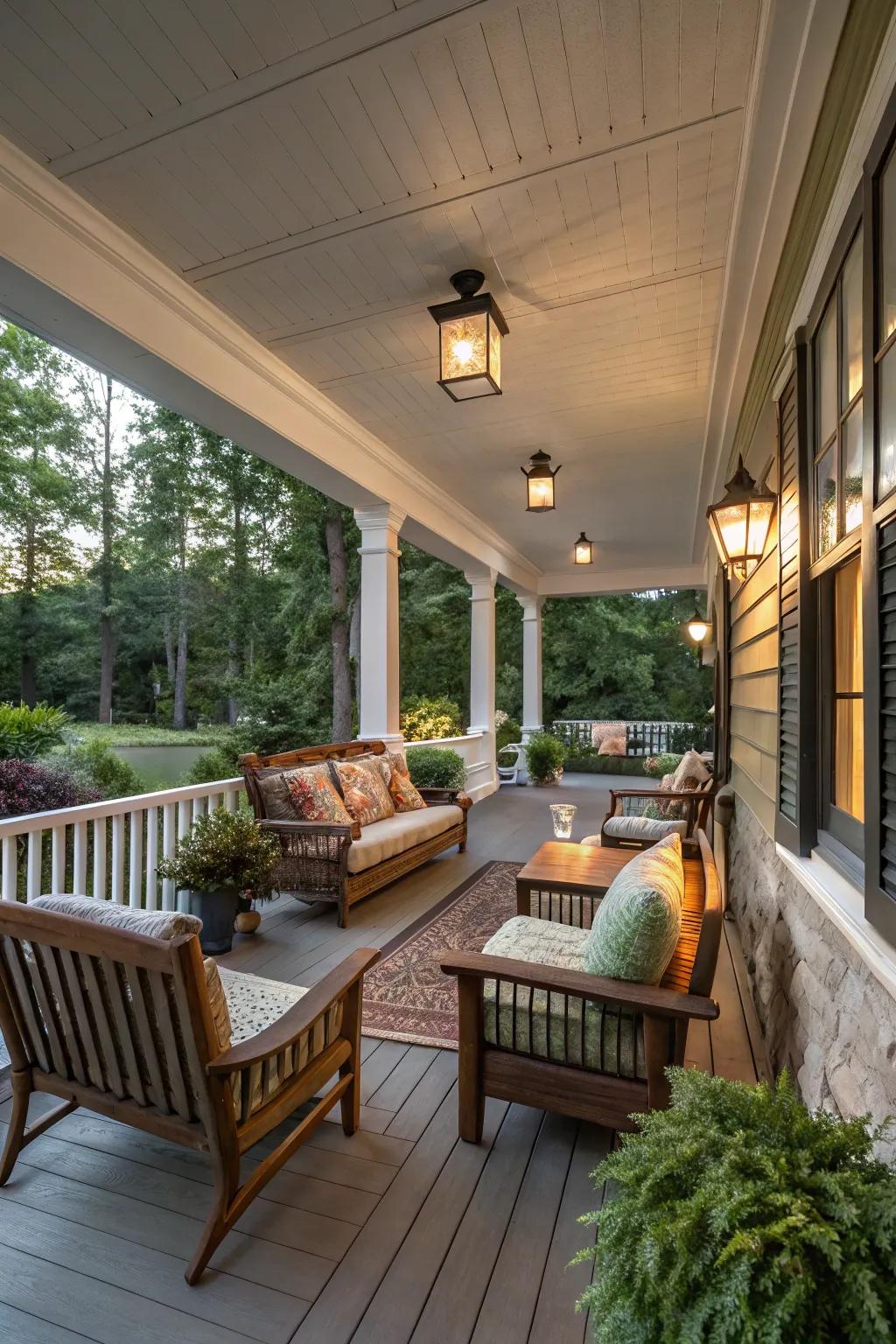 Seating areas transform porches into inviting retreats.