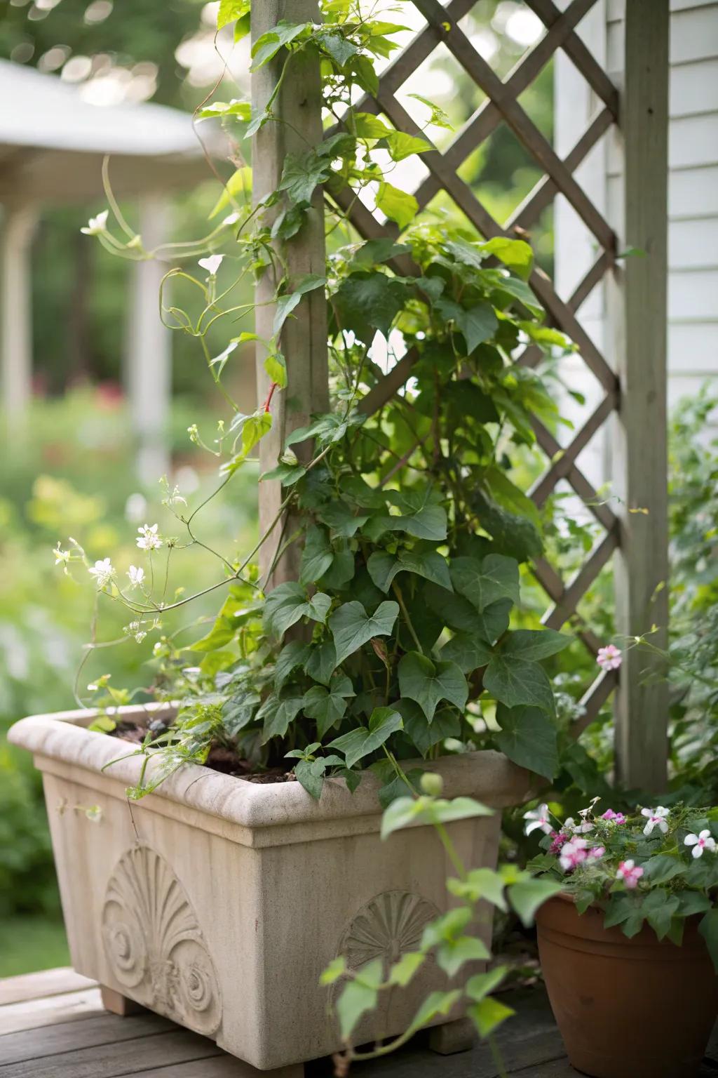 Combine planters and trellises for a dual-purpose privacy feature.