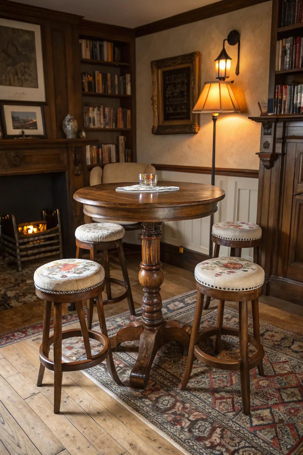 Timeless elegance with classic wooden pub tables.