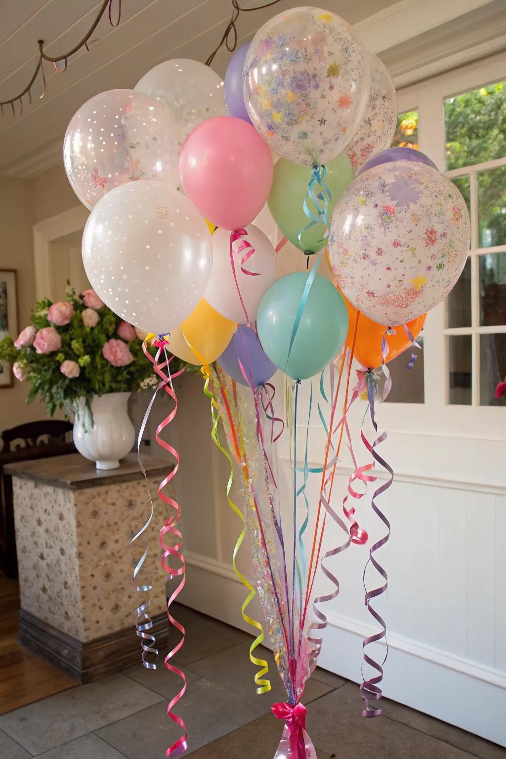 Balloon bouquets with ribbons add flair to the decor.