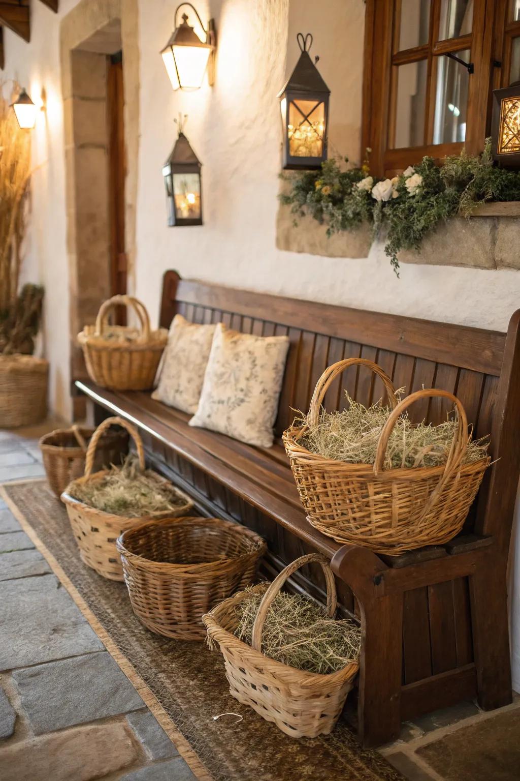 Under-bench storage keeps hay accessible yet hidden.