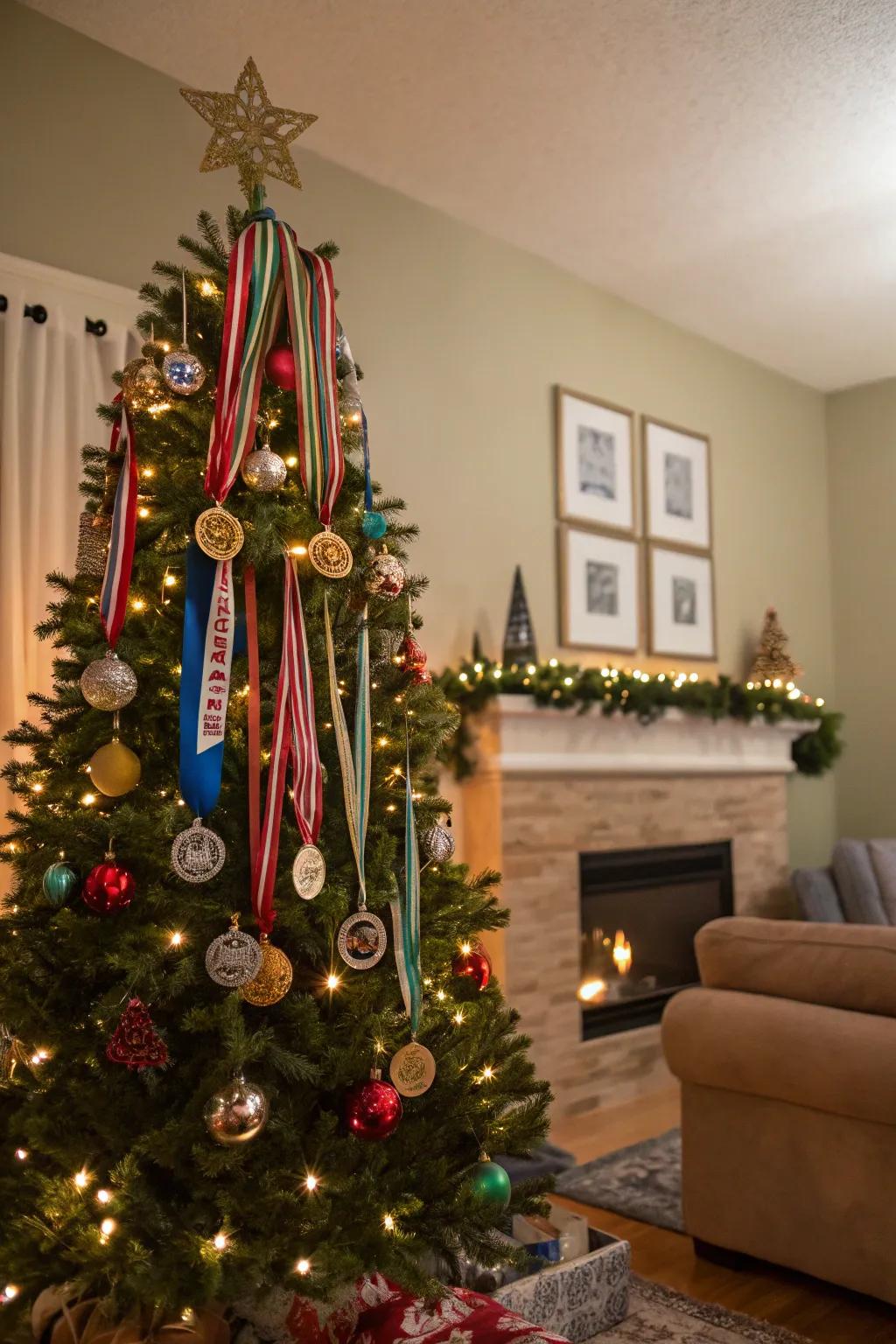 A festive Christmas tree beautifully adorned with race medals.